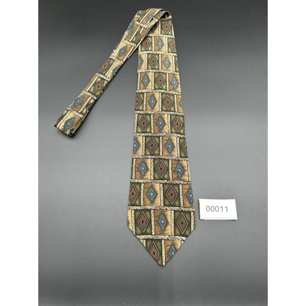 Hunting Horn J Riggins Vintage Geometric Abstract Silk Tie Green Tan Brown 90s